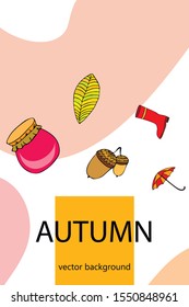 Card doodle style autumn, jam autumn leaves umbrella acorns, elements and symbols in color