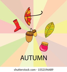Card doodle style autumn, jam autumn leaves umbrella acorns, elements and symbols in color