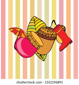 Card doodle style autumn, jam autumn leaves umbrella acorns, elements and symbols in color