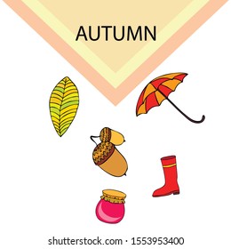 Card doodle style autumn, jam autumn leaves umbrella acorns, elements and symbols in color