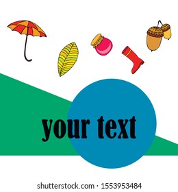 Card doodle style autumn, jam autumn leaves umbrella acorns, elements and symbols in color