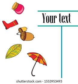Card doodle style autumn, jam autumn leaves umbrella acorns, elements and symbols in color