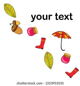 Card doodle style autumn, jam autumn leaves umbrella acorns, elements and symbols in color