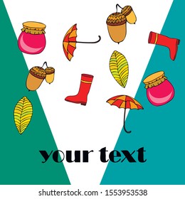 Card doodle style autumn, jam autumn leaves umbrella acorns, elements and symbols in color