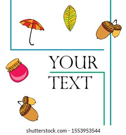 Card doodle style autumn, jam autumn leaves umbrella acorns, elements and symbols in color