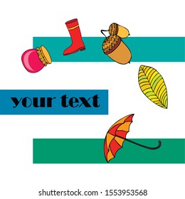 Card doodle style autumn, jam autumn leaves umbrella acorns, elements and symbols in color