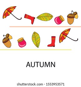 Card doodle style autumn, jam autumn leaves umbrella acorns, elements and symbols in color