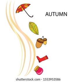 Card doodle style autumn, jam autumn leaves umbrella acorns, elements and symbols in color