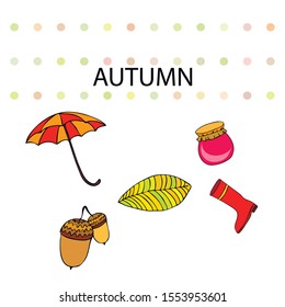 Card doodle style autumn, jam autumn leaves umbrella acorns, elements and symbols in color