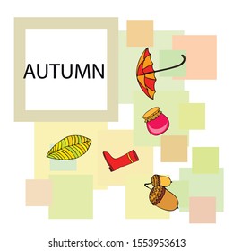 Card doodle style autumn, jam autumn leaves umbrella acorns, elements and symbols in color