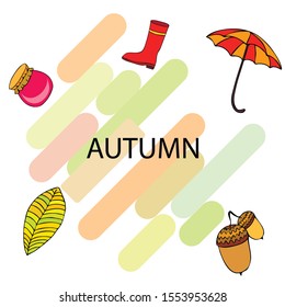 Card doodle style autumn, jam autumn leaves umbrella acorns, elements and symbols in color