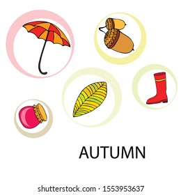 Card doodle style autumn, jam autumn leaves umbrella acorns, elements and symbols in color