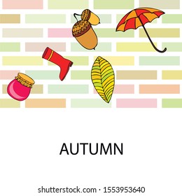 Card doodle style autumn, jam autumn leaves umbrella acorns, elements and symbols in color