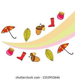 Card doodle style autumn, jam autumn leaves umbrella acorns, elements and symbols in color