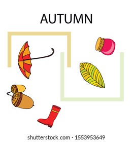 Card doodle style autumn, jam autumn leaves umbrella acorns, elements and symbols in color