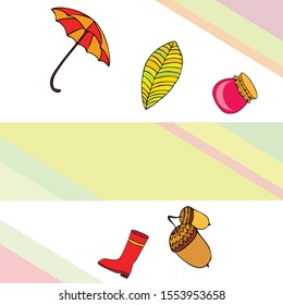 Card doodle style autumn, jam autumn leaves umbrella acorns, elements and symbols in color