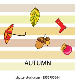 Card doodle style autumn, jam autumn leaves umbrella acorns, elements and symbols in color