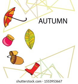 Card doodle style autumn, jam autumn leaves umbrella acorns, elements and symbols in color