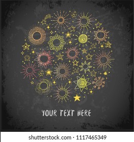 Card with doodle sun and other stars on blackboard background