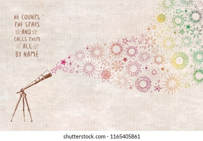 Card with doodle telescope, sun and other stars on vintage background.