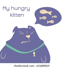 Card of doodle vector illustration of blue cute cat with inscription My hungry kitten