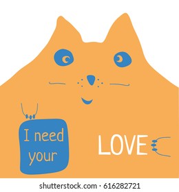 Card of doodle vector illustration of orange cute cat