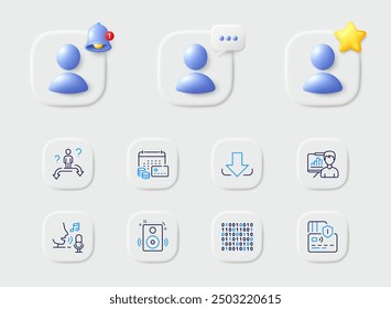 Card, Download and Speakers line icons. Placeholder with 3d star, reminder bell, chat. Pack of Money calendar, Presentation board, Business choice icon. Binary code, Microphone pictogram. Vector