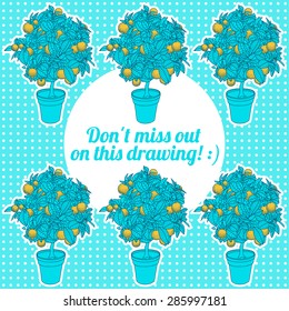 Card with drawing of a small tangerine, lemon or orange citrus tree in a pot in contour style. Background for design of banner, card, poste, calendars, identity, web