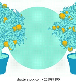 Card with drawing of a small tangerine, lemon or orange citrus tree in a pot in contour style. Background for design of banner, card, poste, calendars, identity, web