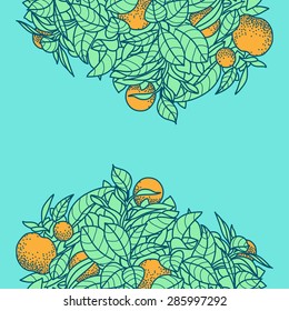 Card with drawing of a small tangerine, lemon or orange citrus tree in a pot in contour style. Background for design of banner, card, poste, calendars, identity, web
