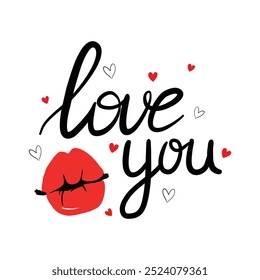 Cartão de Valentim desenho vetor ilustração lábios vermelhos silhueta. Mão fêmea desenhado ícone linear da boca. Elemento de design mínimo para impressão, banner, cartaz de arte de parede, logotipo.