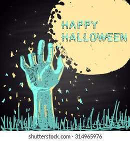 Card drawn in chalk happy Halloween. Hand zombie out of the ground on a background of a full moon.