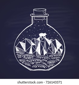 Card drawn in chalk winter in a small bottle with a polar bear on an iceberg polygon. Merry Christmas and Happy New 2018 Year. Happy holidays theme