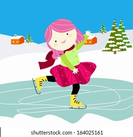 Card with drawn smiling ice-scating girl. Vector