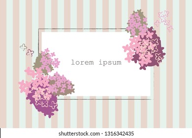 Card with drawn spring flowers and frame for text at striped background. 