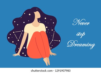 Card with a dreamy young beautiful woman. Vector flat illustration isolated on blue background. EPS 8.