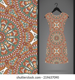 Card with dress and seamless pattern. Vintage decorative elements. Hand drawn background.