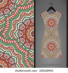 Card with dress and seamless pattern. Vintage decorative elements. Hand drawn background.