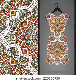 Card with dress and seamless pattern. Vintage decorative elements. Hand drawn background.