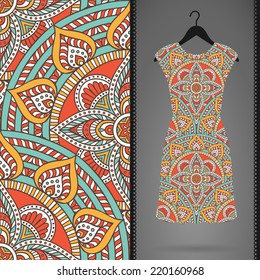 Card with dress and seamless pattern. Vintage decorative elements. Hand drawn background.