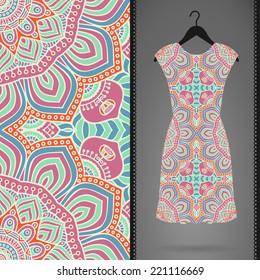 Card with dress and seamless pattern. Vintage decorative elements. Hand drawn background.