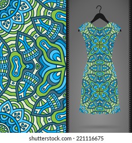 Card with dress and seamless pattern. Vintage decorative elements. Hand drawn background.