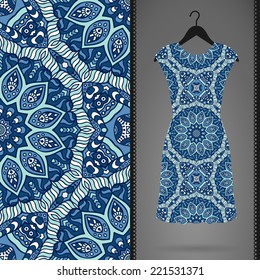 Card with dress and seamless pattern. Vintage decorative elements. Hand drawn background.