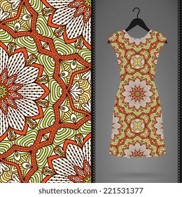 Card with dress and seamless pattern. Vintage decorative elements. Hand drawn background.