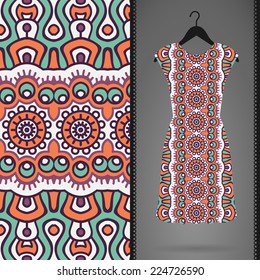 Card with dress and seamless pattern. Vintage decorative elements. Hand drawn background.