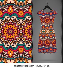 Card with dress and seamless pattern. Vintage decorative elements. Hand drawn background.