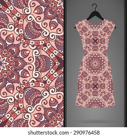 Card with dress and seamless pattern. Vintage decorative elements. Hand drawn background.