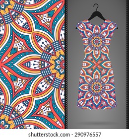 Card with dress and seamless pattern. Vintage decorative elements. Hand drawn background.