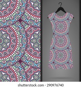 Card with dress and seamless pattern. Vintage decorative elements. Hand drawn background.