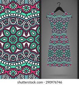 Card with dress and seamless pattern. Vintage decorative elements. Hand drawn background.